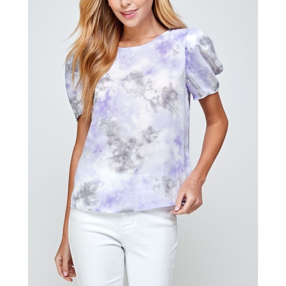 Women’s Lavender Tie Dye Puff Sleeve Top Open Back Bow Detail Size M